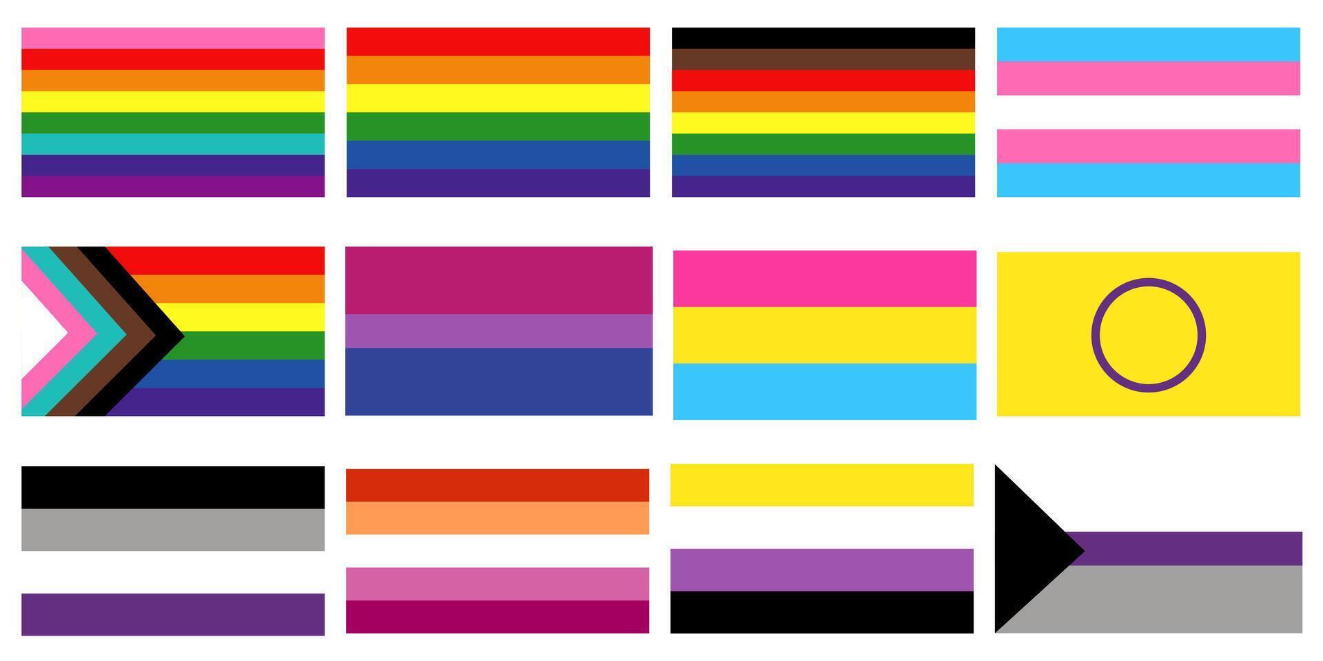 Set of flags for pride, symbolism of LGBT culture, different orientations and romantic preferences and gender identities vector