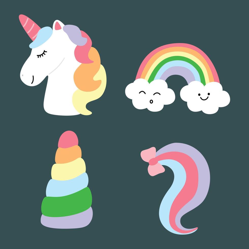 CUTE UNICORN STICKER, HORNS, RAINBOW AND UNICORN TAIL vector