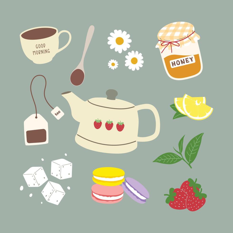 CUTE TEA SET WITH VARIOUS FRUITS vector