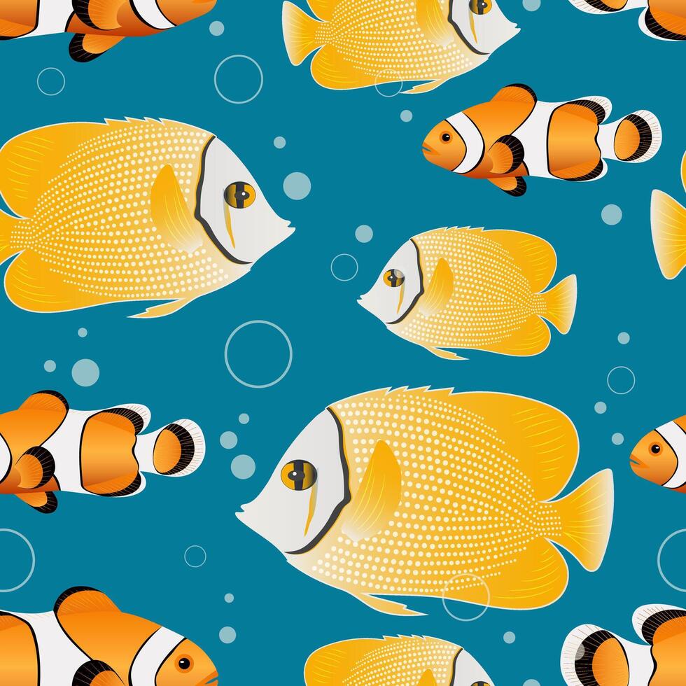 Clown fish and Yellow chaetodon butterflyfish. Marine life in the sea and ocean. Beautiful fish swim on a blue background creating a seamless pattern for fashion fabrics. vector