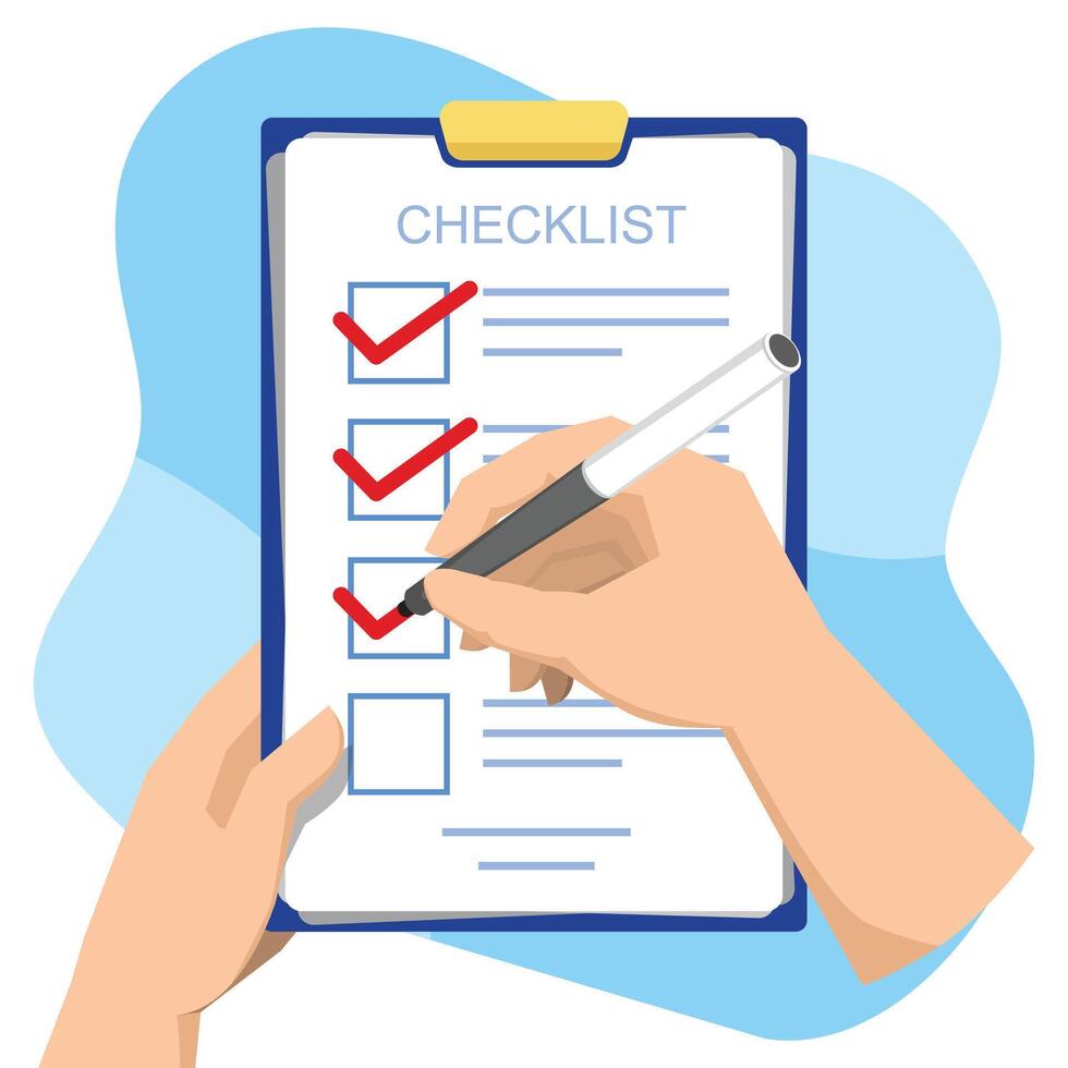 Checklist. Hand holding pen and hand holding clipboard with check list and check marks. Marking checkboxes. Green checkmarks. Flat design. vector