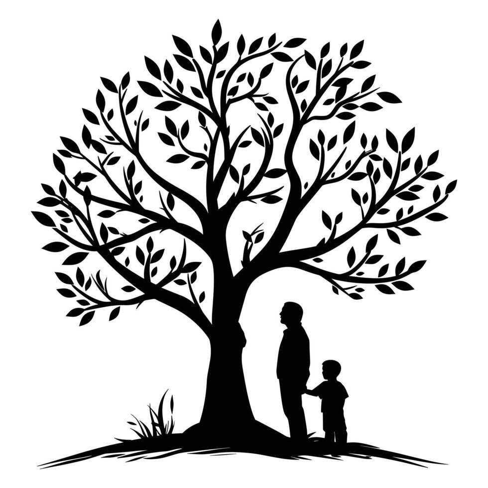 Dad and Son Standing Under a tree Silhouette black illustration vector