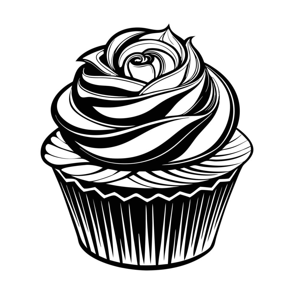 Black silhouette of Cupcake isolated on white backdrop. Concept of dessert, baking, sweet food. Icon, pictogram, template, sign, logotype, design element vector