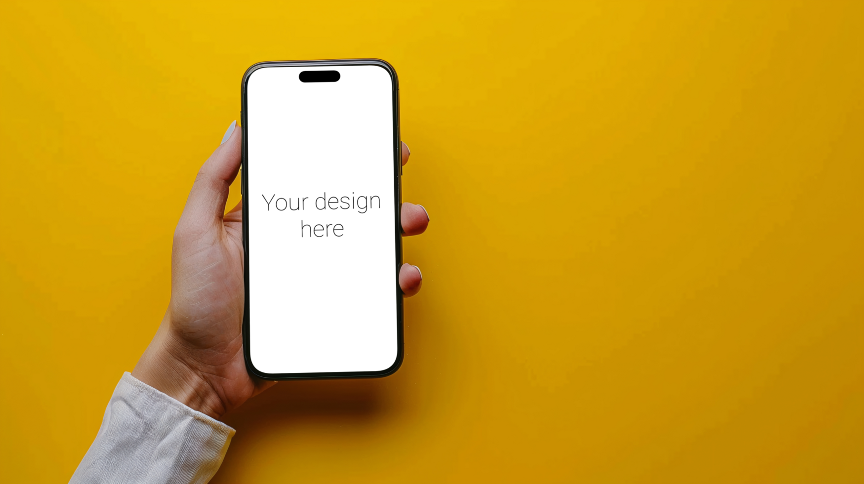 Mockup of black smartphone in person's hand on yellow background psd