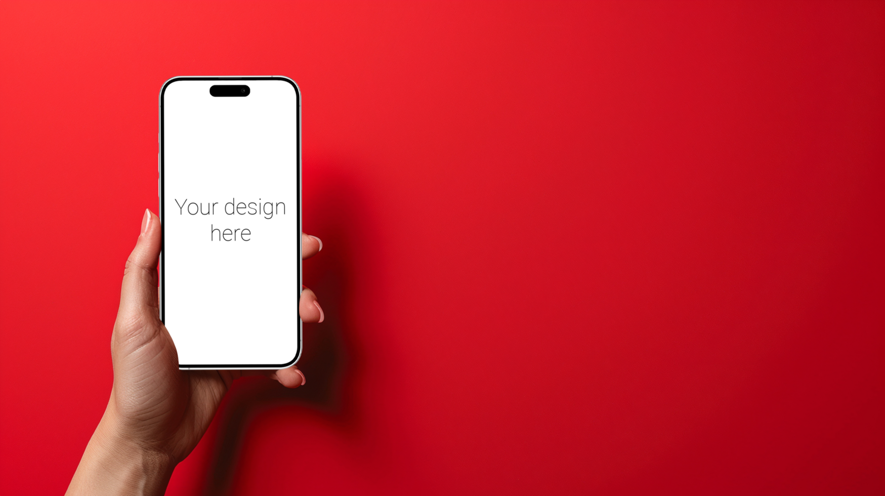 Mockup of white smartphone in person's hand on red background psd