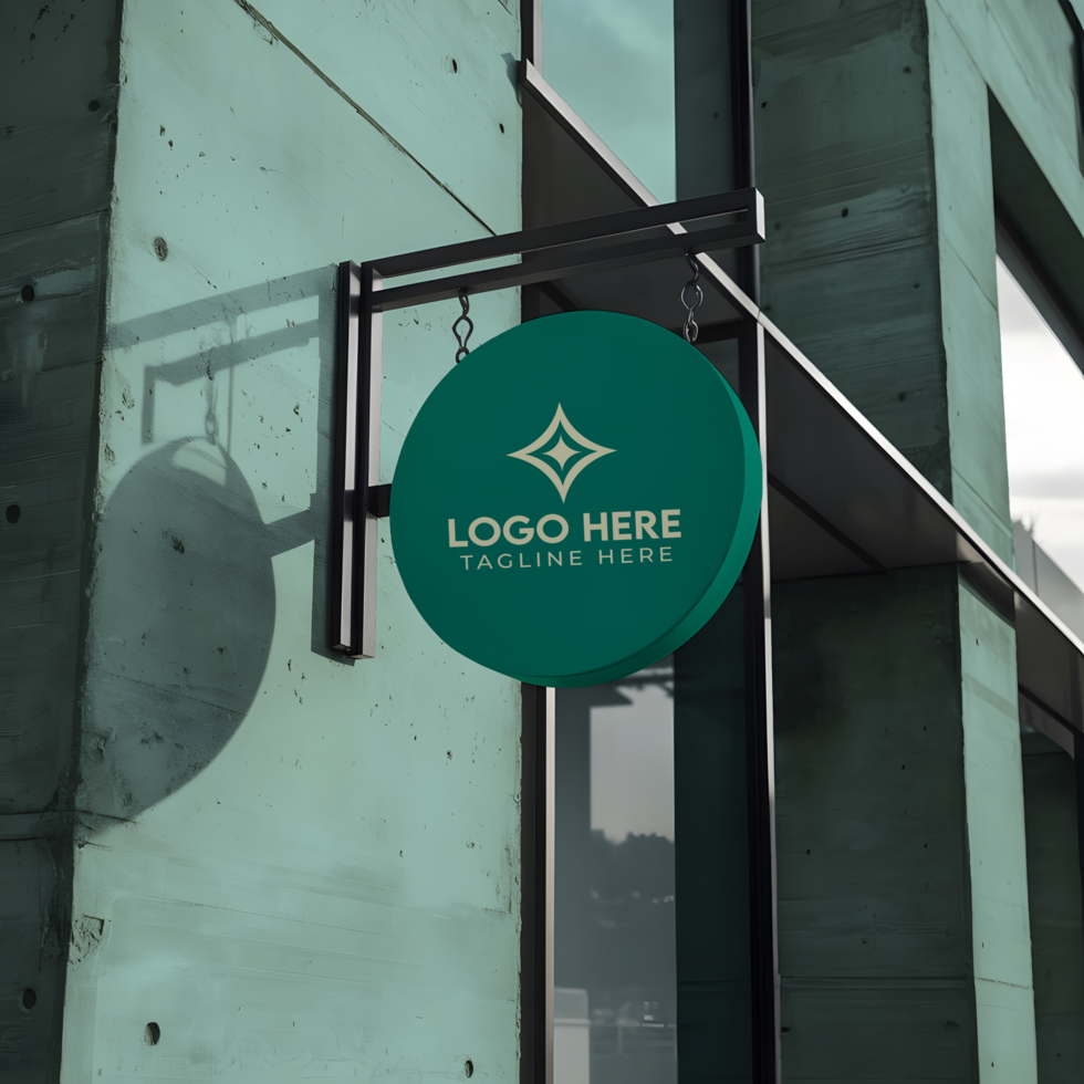 Green sign mockup on a building wall psd