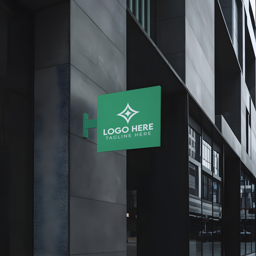 A green sign on a building wall psd