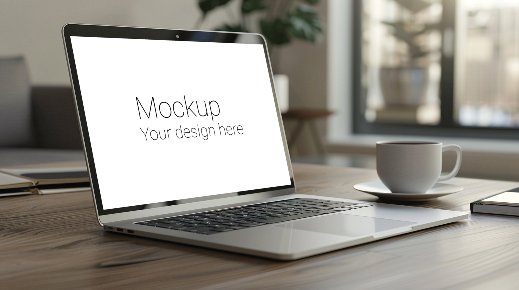 Laptop mockup on wooden table psd