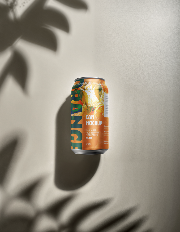 Soda can mockup in composition with leaf shadows psd
