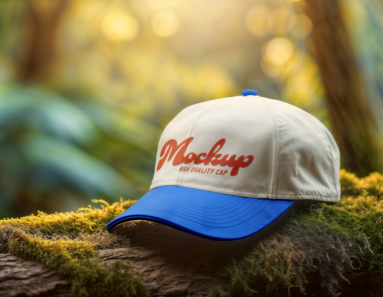 Stylish cap mockup on mossy bark psd
