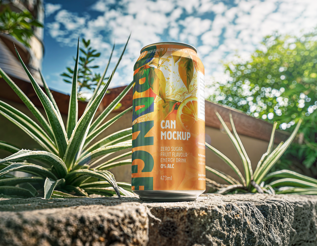 Soda can mockup in garden environment psd