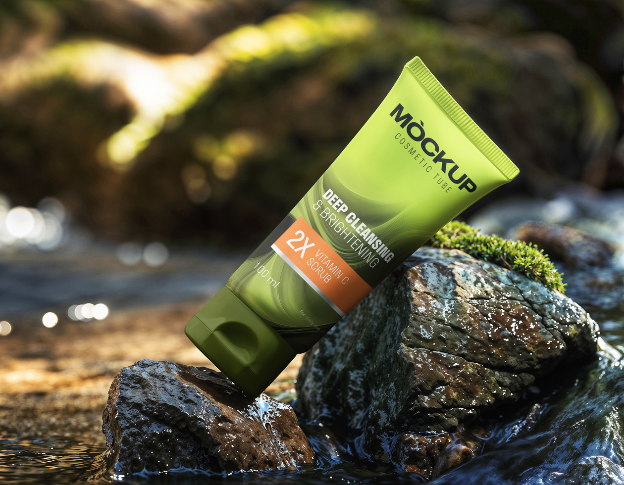 Cosmetic cream tube mockup on a riverside rock psd