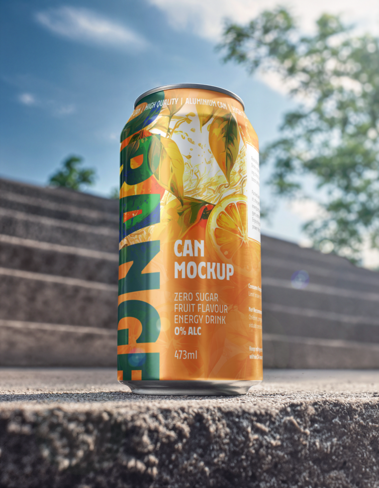 Soda can mockup in a park during the day psd