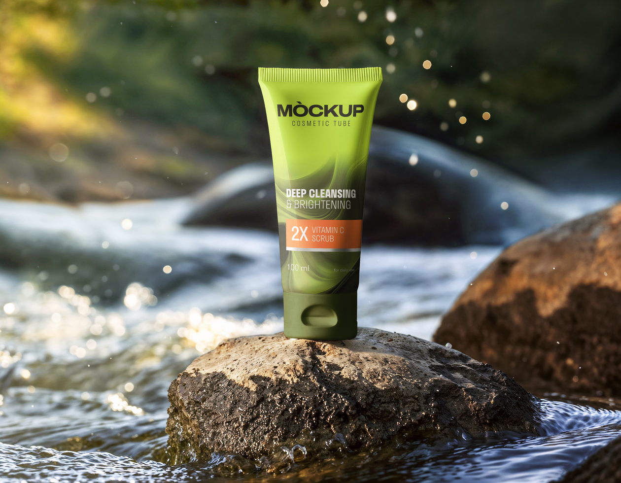 Cosmetic cream tube mockup on a riverside rock psd