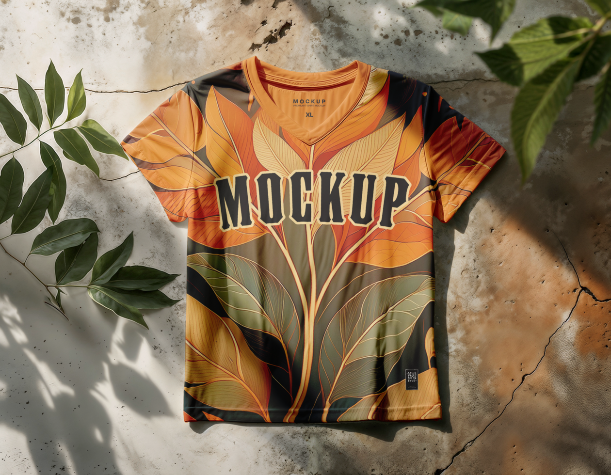 V neck tshirt mockup with old concrete background psd