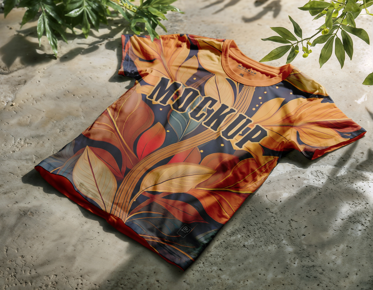 Tshirt mockup on old concrete floor with leaf shadow psd