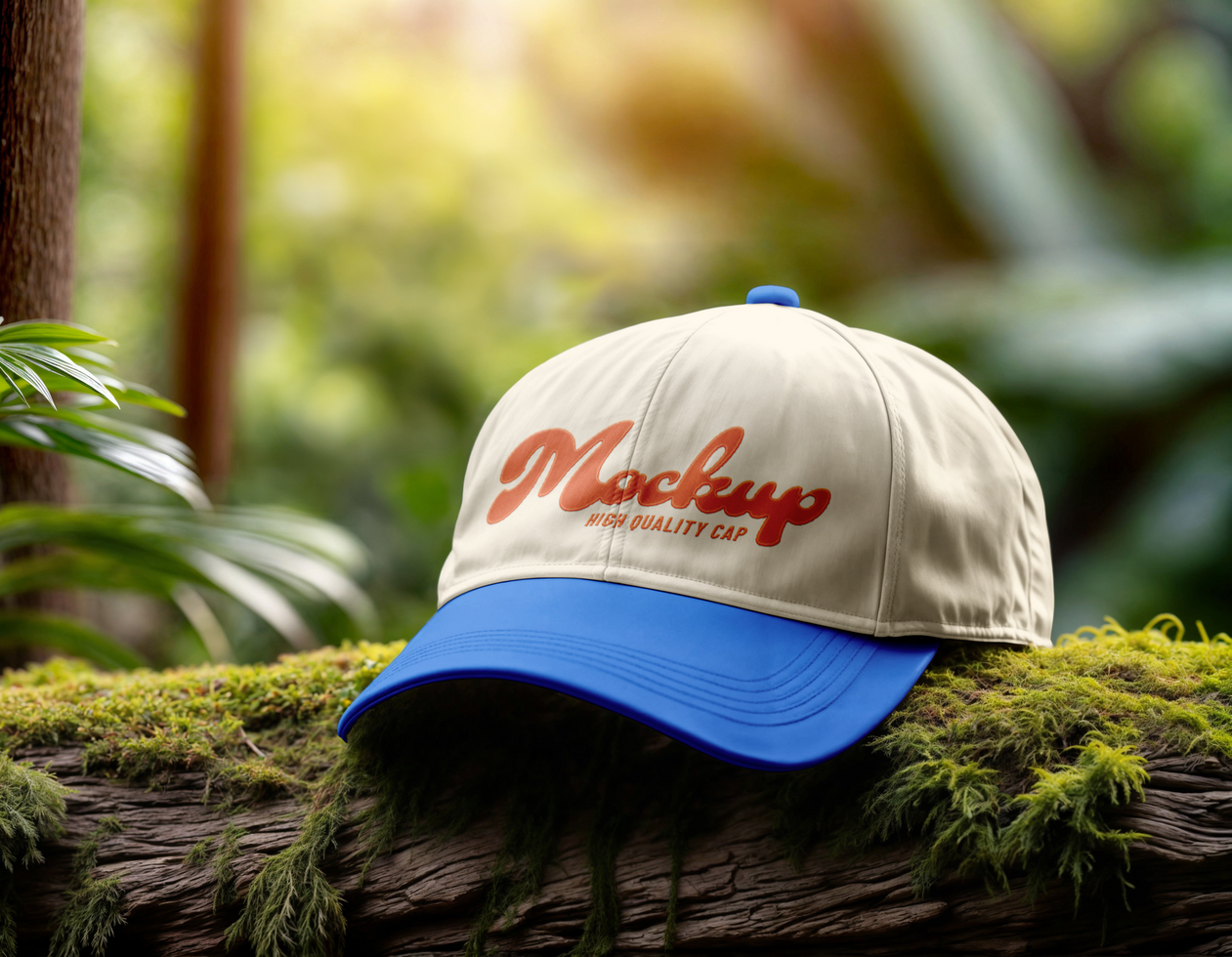 Cap mockup on mossy forest bark psd