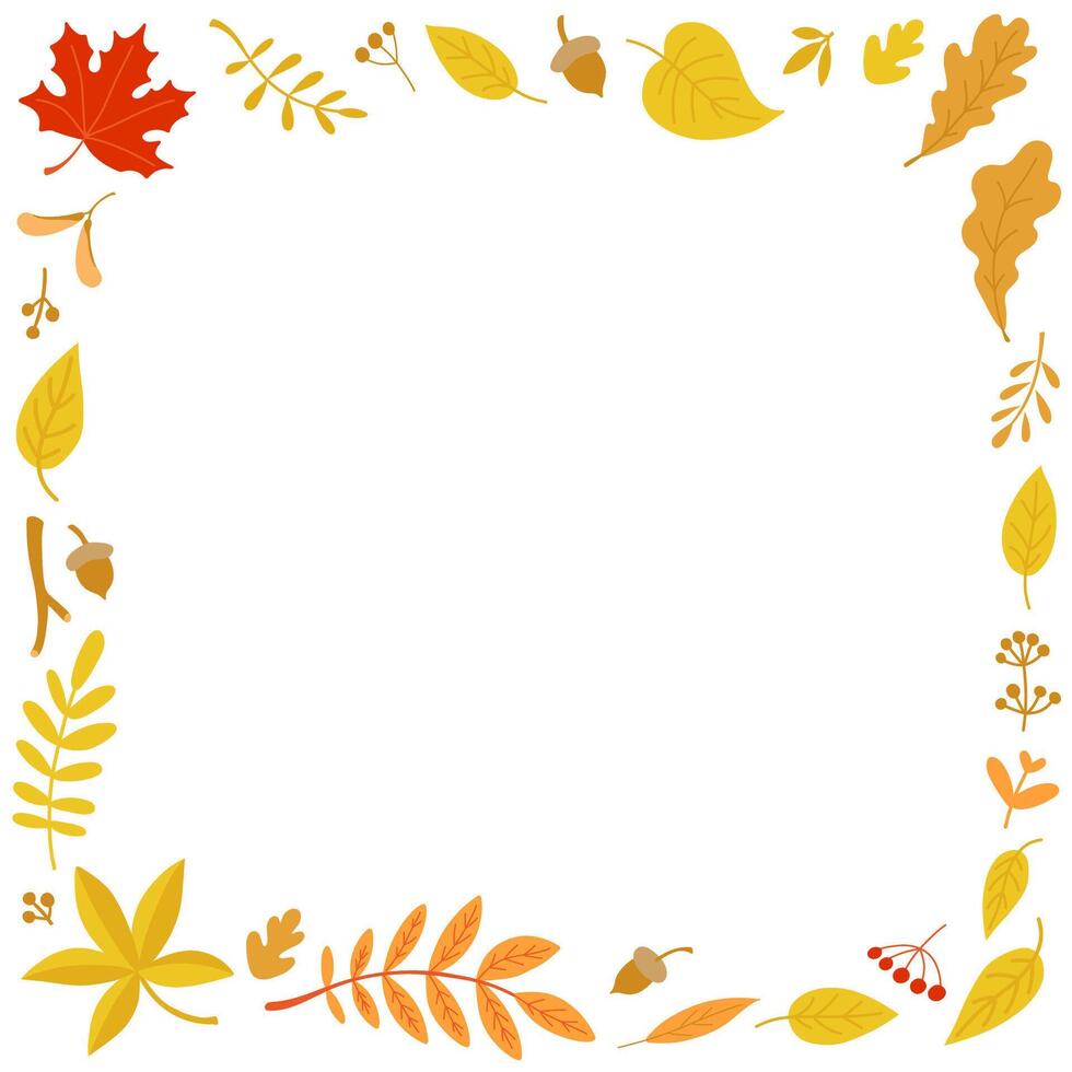 Autumn square thin frame with seasonal leaves and acorns. Flat color border of autumn leaves. vector