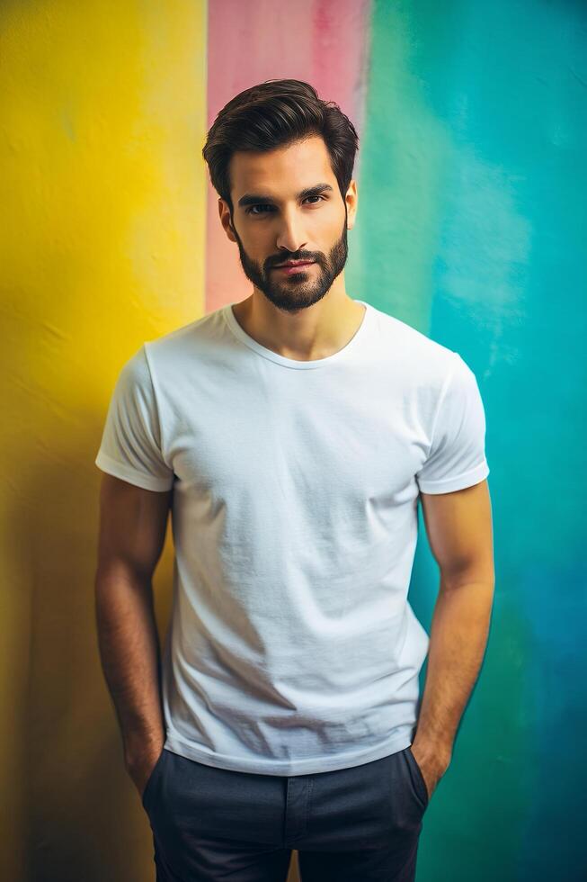 Brazilian Lean Healthy Adult, Refined, Balanced, Mockup T Shirt Template, T Shirt White Model for Multi-purpose, Entertainment, Events photo