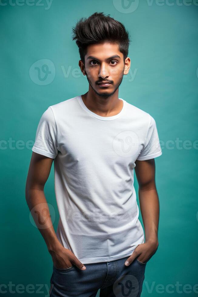 Indian Ectomorph Skinny College Boy, Timeless, Polished, T Shirt Mockup Model, Suitable For Design Mockups And Print Applications for Multi-purpose, Entertainment, Fashion photo
