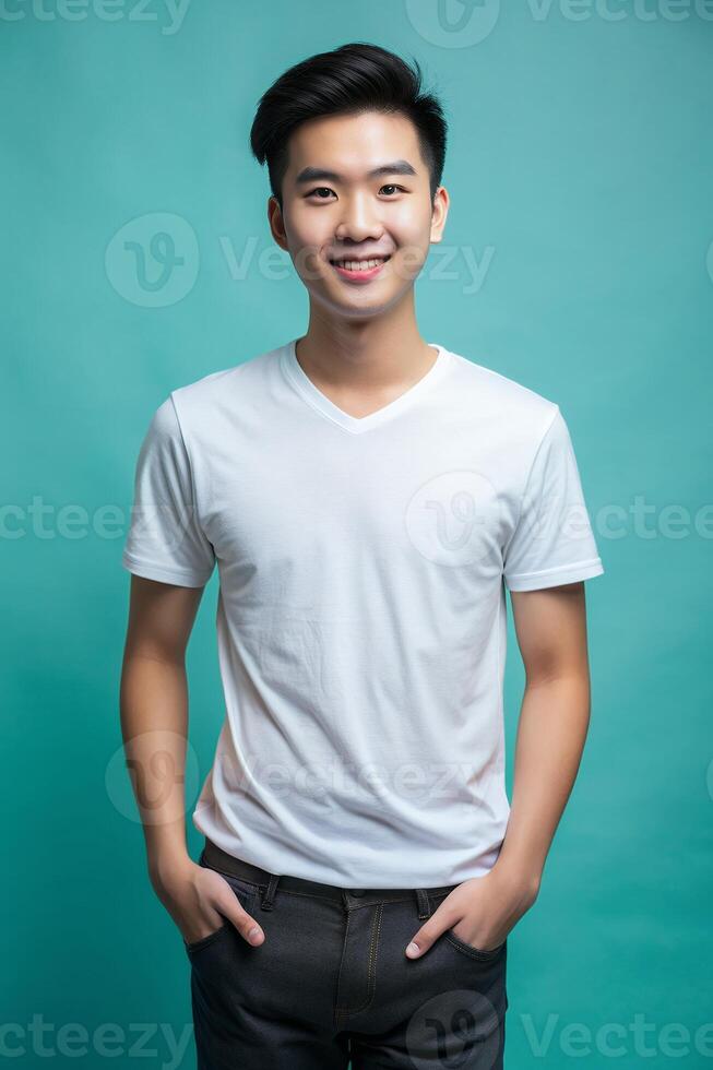 Vietnamese Underweight College Boy, Fresh, Crisp, White Oversized T-Shirt With Blank Space, Ideal For A Mockup for Magazine, Personal, Technology photo