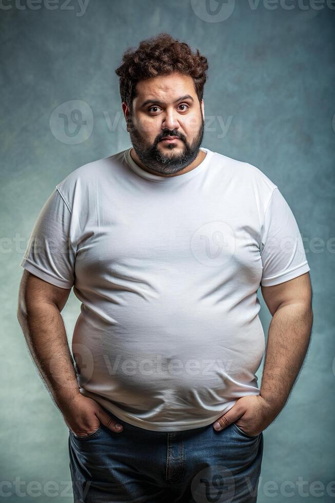 Egyptian Obese Middle-Aged, Refined, Streamlined, Half Sleeves, T Shirt White Model for News, Personal, Music photo
