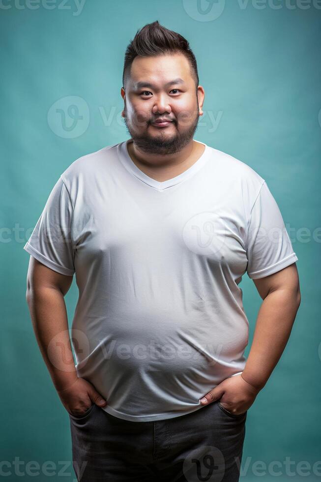 Malaysian Obese Working Professional, Stylish, Harmonious, T Shirt Mockup Model, Suitable For Design Mockups And Print Applications for Magazine, Entertainment, Creative Agency photo