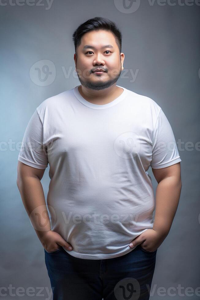 Malaysian Obese Gym Guy, Contemporary, Balanced, White Oversized T-Shirt 3D Rendering, White T-Shirt Ideal For Design Mockups And Apparel Presentations for Retail, Wedding, Fashion photo