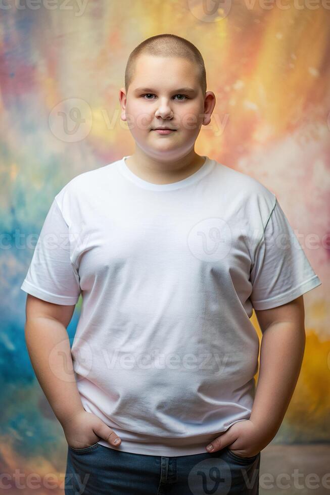 European Overweight Teen Boy, Chic, Futuristic, Perfect For Fashion, Clothing, Suitable For Design Mockups And Print Applications for Magazine, Marketplace, Music photo