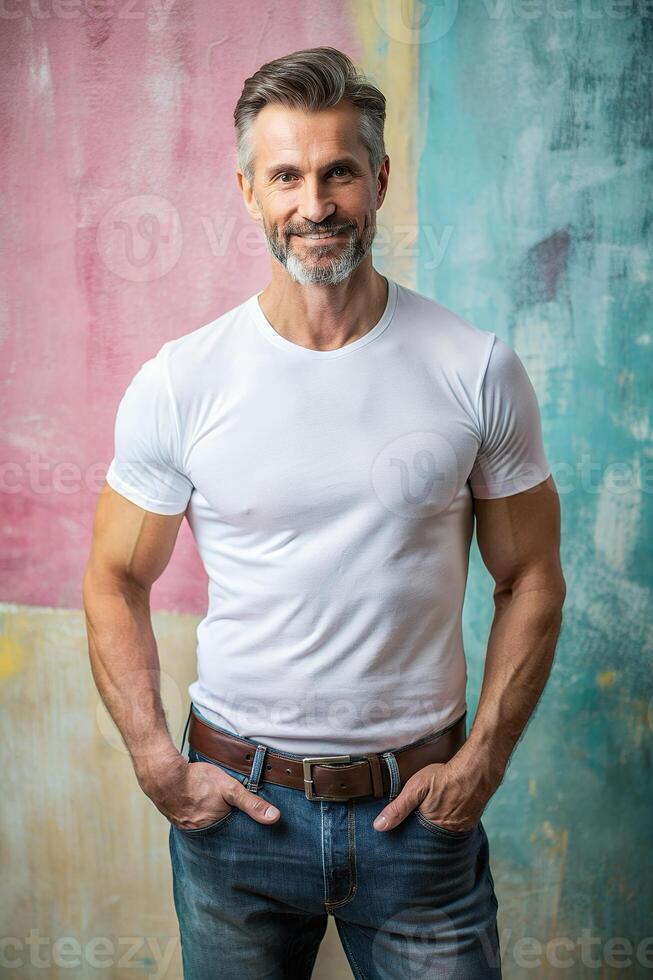 French Mesomorph Musculargym Middle-Aged, Elegant, Simple, White Oversized T-Shirt 3D Rendering, Mock Up T Shirt Concept for Portfolio, Community, Events photo