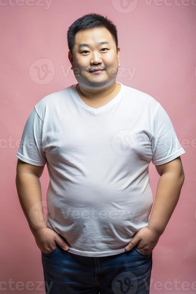 Chinese Obese Middle-Aged, Elegant, Polished, Mockup T Shirt Template, Universal Clothing for Educational, Marketplace, Technology photo