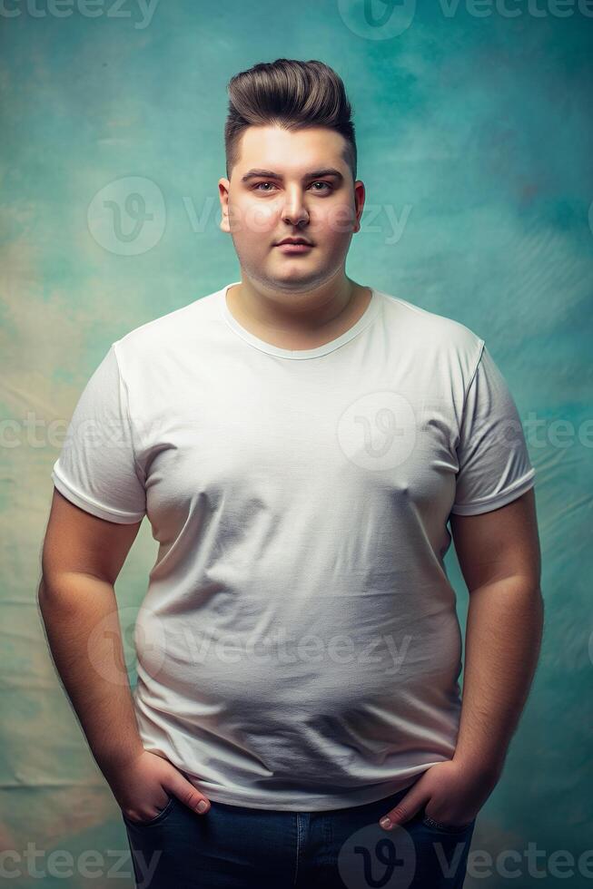 French Obese College Boy, Stylish, Distinctive, White Oversized T-Shirt With Blank Space, Suitable For Design Mockups And Print Applications for Educational, Entertainment, Music photo