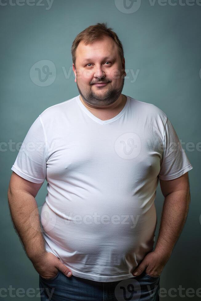 Russian Obese Middle-Aged, Chic, Balanced, T Shirt Mockup Model, White T-Shirt Ideal For Design Mockups And Apparel Presentations for Corporate, Personal, Events photo