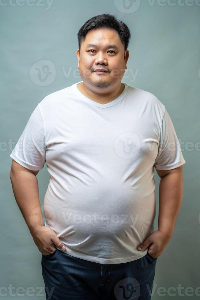 Filipino Obese Middle-Aged, Contemporary, Harmonious, T Shirt Mockup Model, T Shirt White Model for Blog, Health and Fitness, Fashion photo
