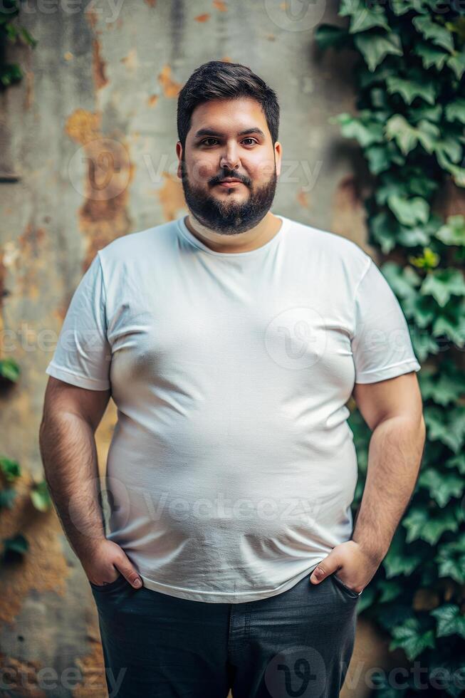 Argentine Obese Middle-Aged, Timeless, Balanced, White Oversized T-Shirt With Blank Space, Template Of Fashion Clothes for Magazine, Travel, Creative Agency photo