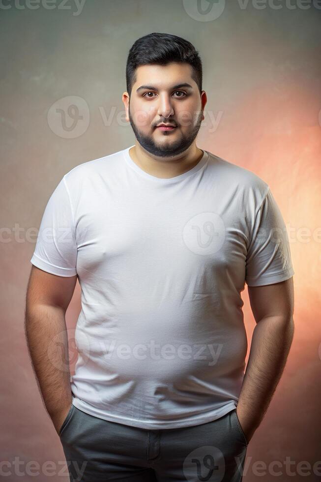 Turkish Obese College Boy, Elegant, Balanced, White Oversized T-Shirt 3D Rendering, Ideal For A Mockup for Portfolio, Non-profit, Events photo