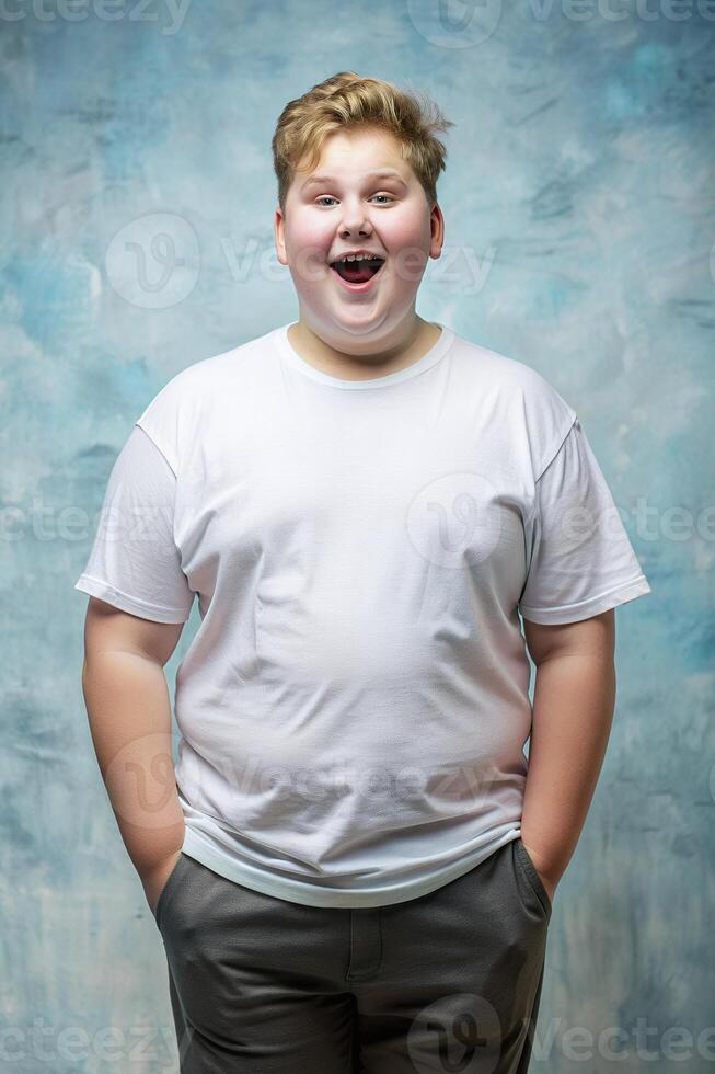 Swedish Overweight Teen Boy, Sophisticated, Bold, Mockup T Shirt Template, Universal Clothing for News, Health and Fitness, Creative Agency photo
