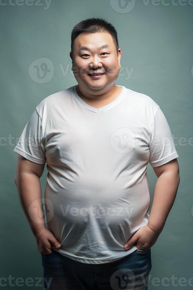 Chinese Obese Middle-Aged, Sleek, Distinctive, Mockup T Shirt Template, Template Of Fashion Clothes for News, Real Estate, Music photo