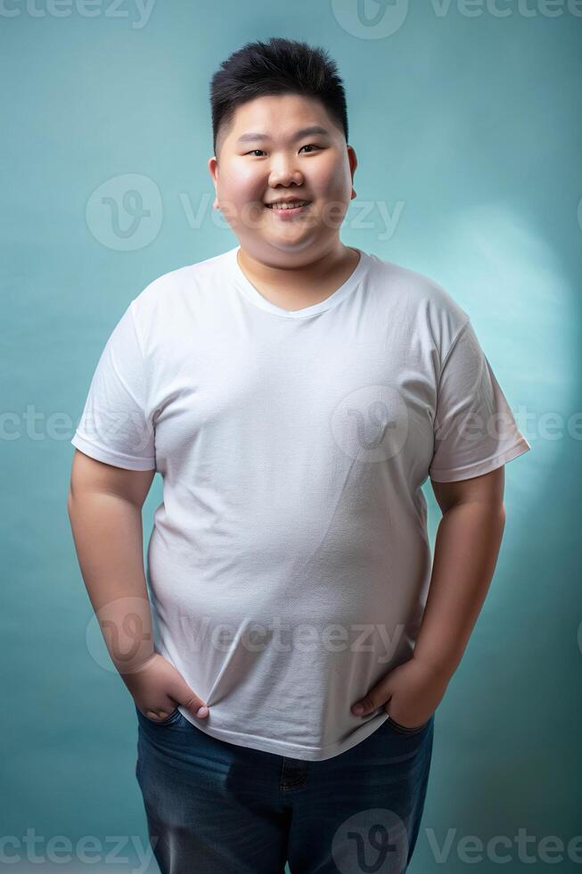 Asian Endomorph Fatty Teen Boy, Sophisticated, Futuristic, T Shirt Mockup Model, Template Of Fashion Clothes for Corporate, Community, Events photo