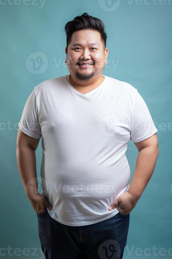 Indonesian Obese Middle-Aged, Sophisticated, Futuristic, T-Shirt 3D Rendering, Ideal For A Mockup for Multi-purpose, Non-profit, Fashion photo