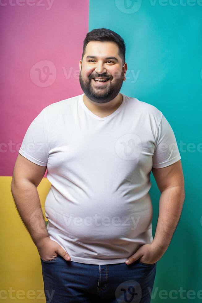 Italian Obese Working Professional, Contemporary, Balanced, T Shirt Mockup Model, Ideal For A Mockup for News, Non-profit, Creative Agency photo