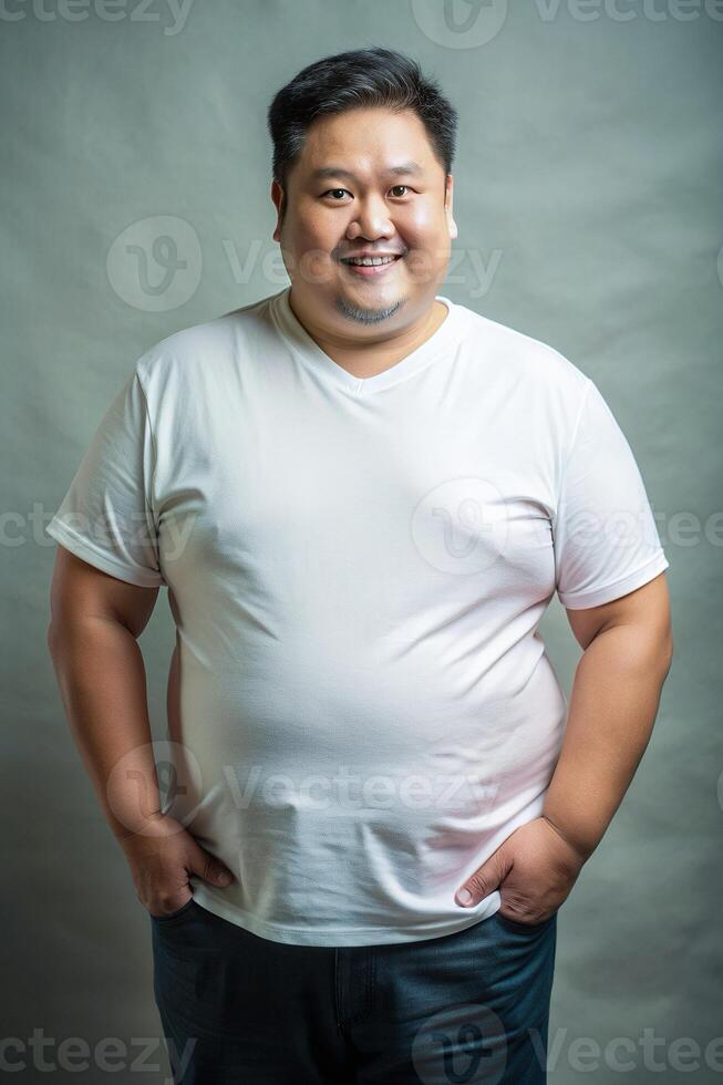 Filipino Obese Middle-Aged, Fresh, Futuristic, T-Shirt 3D Rendering, Mock Up T Shirt Concept for Educational, Health and Fitness, Events photo