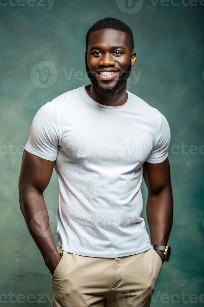 Nigerian Hourglass Gym Guy, Elegant, Harmonious, T Shirt Mockup Model, White T-Shirt Ideal For Design Mockups And Apparel Presentations for Educational, Real Estate, Technology photo