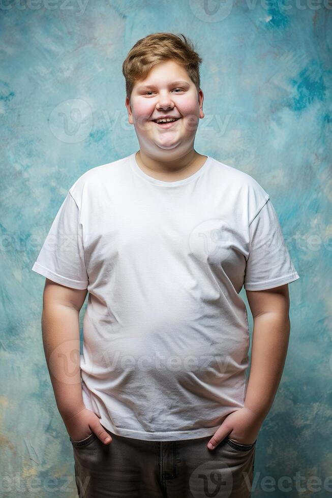 Swedish Overweight Teen Boy, Elegant, Polished, White Oversized T-Shirt With Blank Space, T Shirt White Model for Educational, Non-profit, Events photo