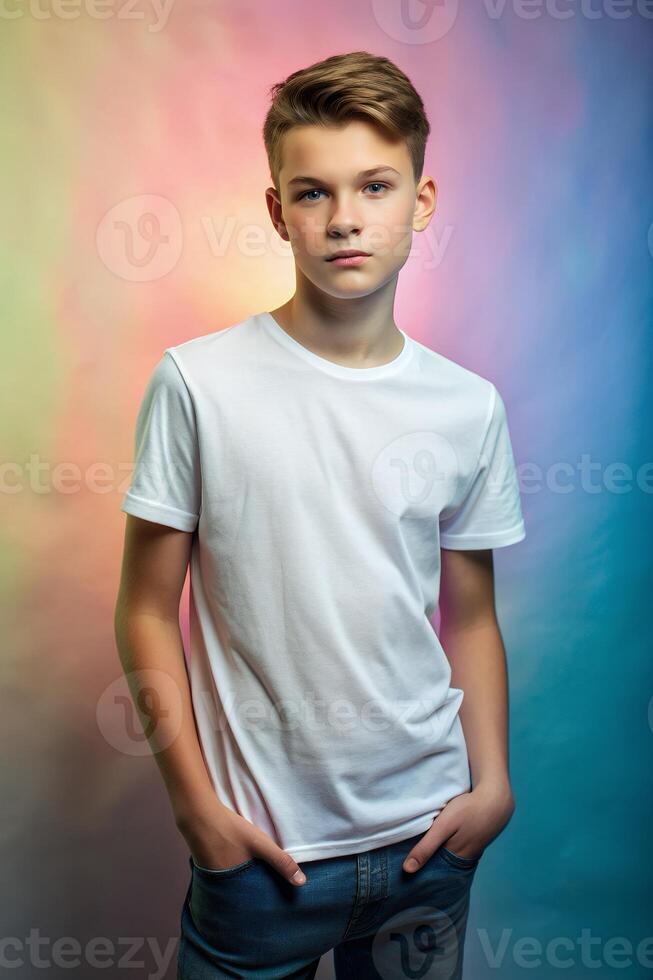 Australian Lean Healthy Teen Boy, Sophisticated, Artistic, White Oversized T-Shirt 3D Rendering, Suitable For Design Mockups And Print Applications for Corporate, Wedding, Fashion photo
