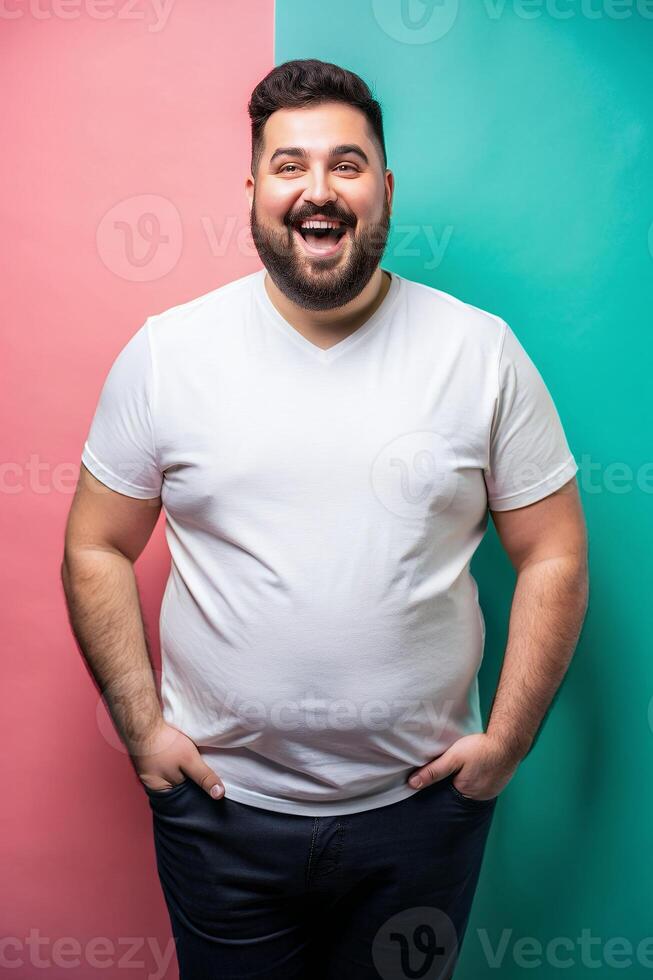 Turkish Obese Working Professional, Stylish, Streamlined, Mockup T Shirt Template, T Shirt White Model for Magazine, Restaurant, Technology photo