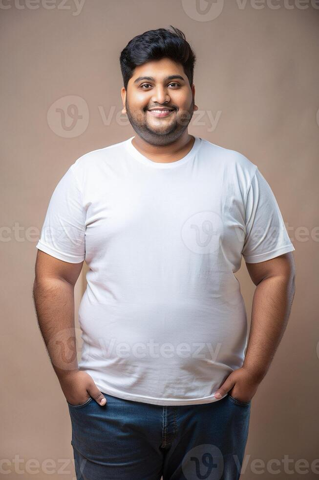 Indian Overweight College Boy, Stylish, Artistic, Mockup T Shirt Template, T Shirt White Model for Portfolio, Travel, Technology photo