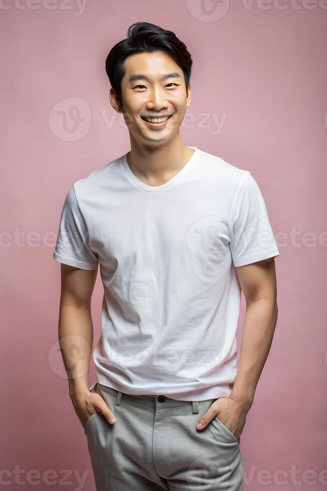 Korean Rectangular Gym Guy, Fresh, Artistic, Unisex T Shirt Mockup, White T-Shirt Ideal For Design Mockups And Apparel Presentations for E-commerce, Photography, Fashion photo