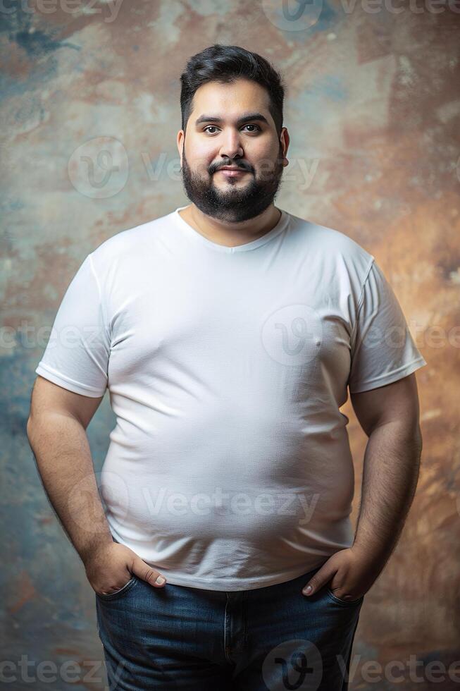 Spanish Overweight Gym Guy, Refined, Harmonious, Unisex T Shirt Mockup, White T-Shirt Ideal For Design Mockups And Apparel Presentations for Retail, Community, Events photo