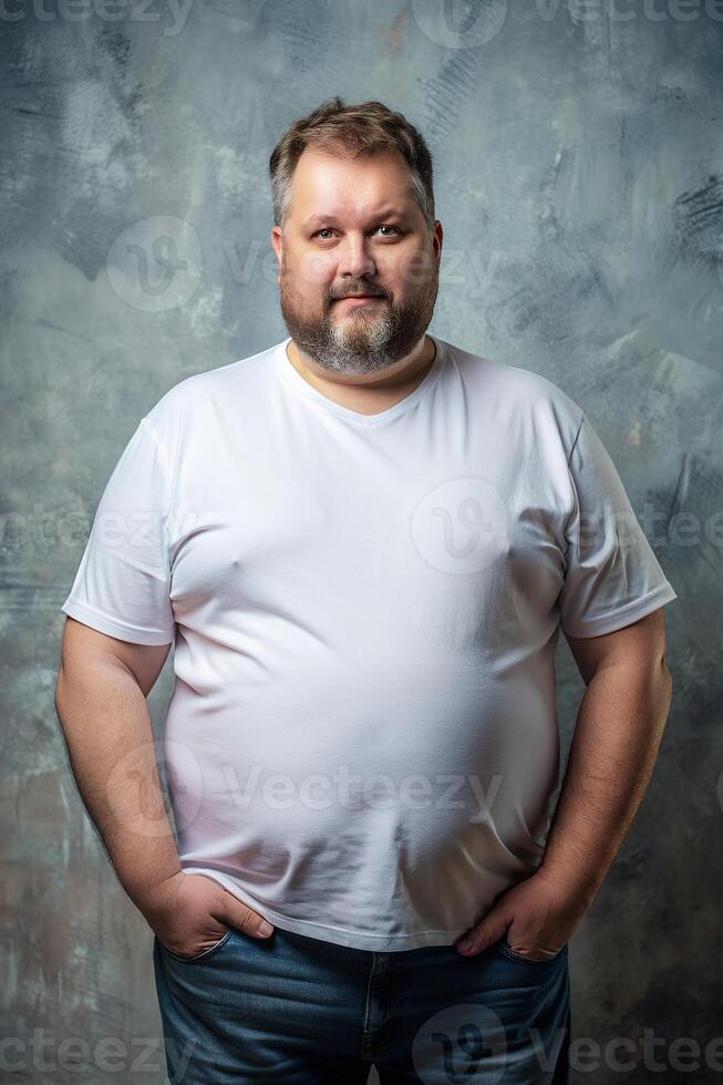 English Overweight Middle-Aged, Contemporary, Distinctive, T-Shirt 3D Rendering, White T-Shirt Ideal For Design Mockups And Apparel Presentations for Retail, Health and Fitness, Technology photo
